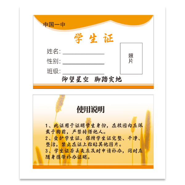 橙色麦田分学生证模版